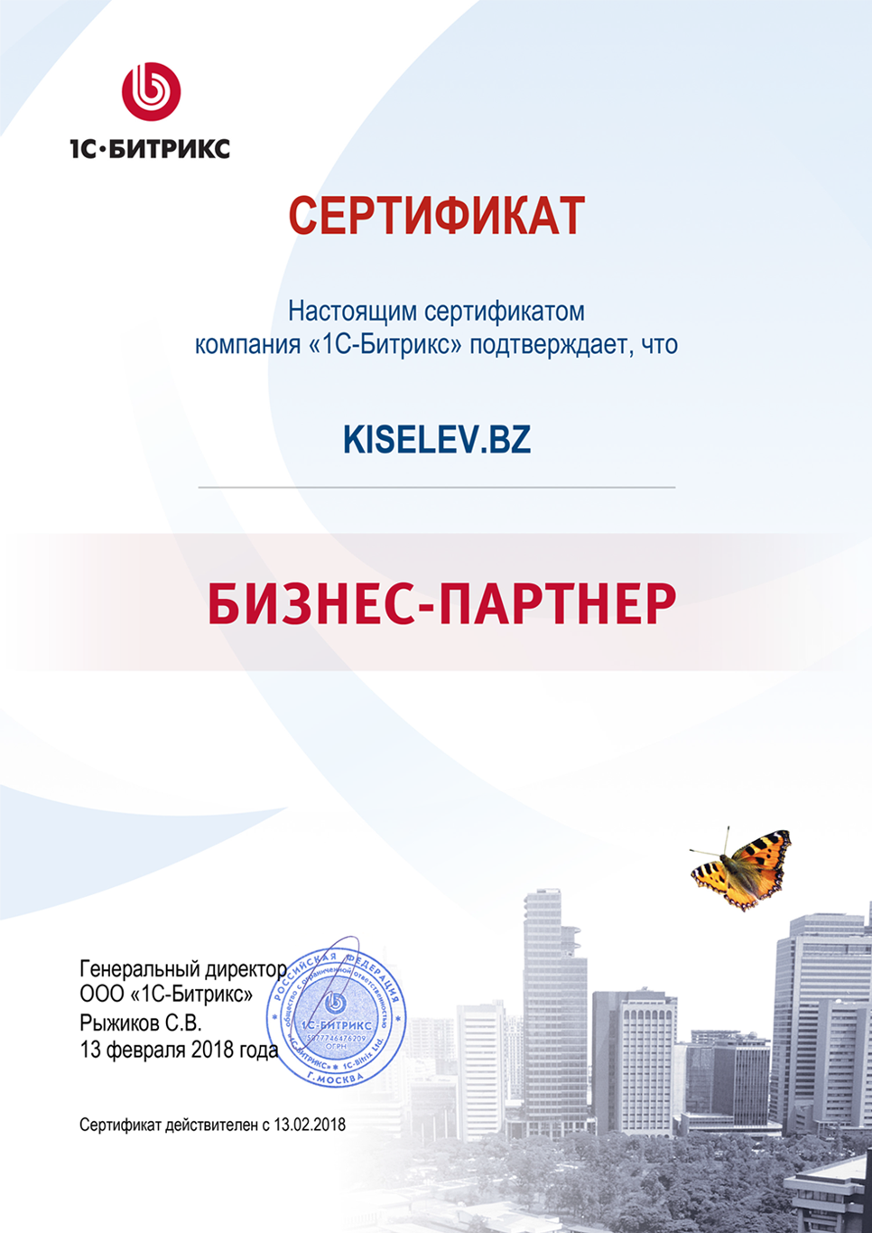 Сертификат партнёра по СРМ системам в Катайске